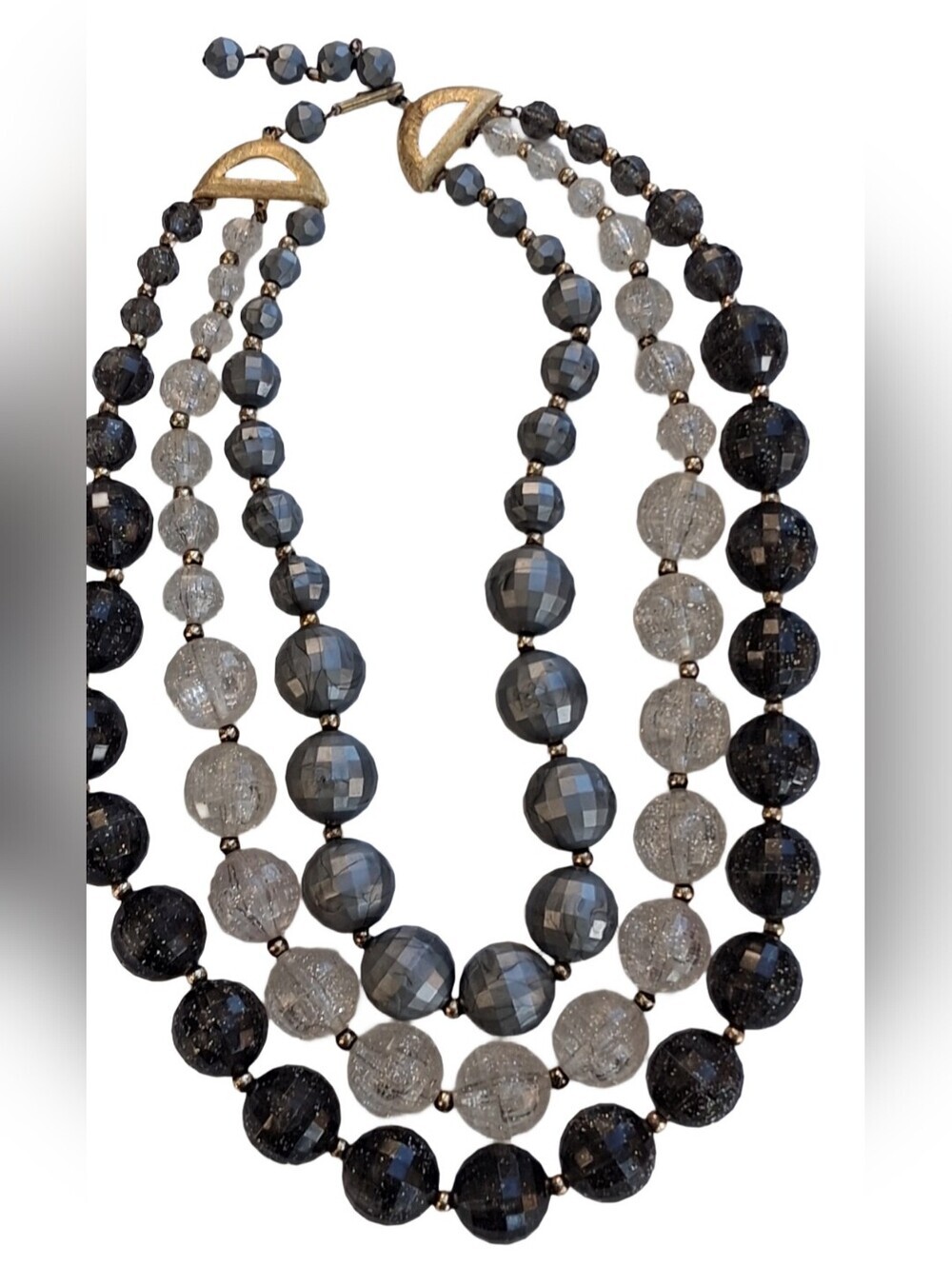 Vintage 1950s/60s Triple Strand Necklace - Grey, Crackle & Stardust Beads - Picture 3 of 6